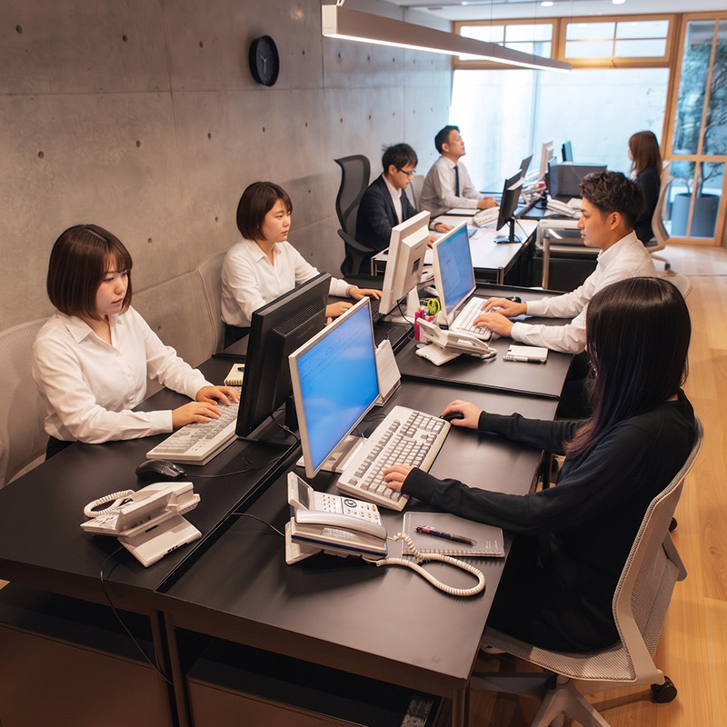 開放感のあるオフィスで、デスクに並んでPC作業に取り組む社員たちの様子。